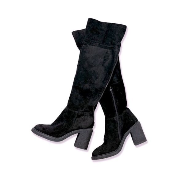 Gusto Women's Black Suede Leather Over The Knee High Block Heeled Boots - Picture 1 of 7